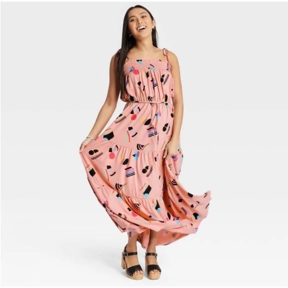 NWT Peachy Pink Geometric Pride Abstract Flags Print Flowy Maxi Dress - Picture 1 of 10